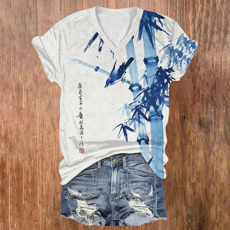 Vintage Zen Bamboo And Bird Ink Painting Pattern Print Short Sleeved V-neck T-shirt - Blue - US32-34(5XL) - image 3