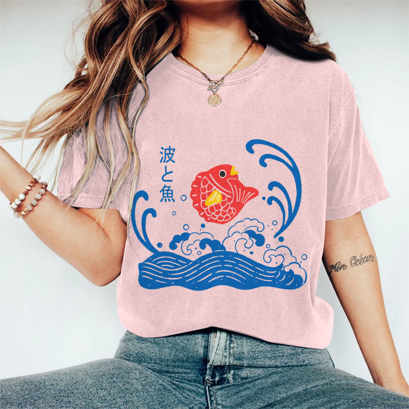 100% Cotton Women's Japanese Lovely Cartoon Koi Art Print Casual T-shirt - Pink - 2XL - image 4