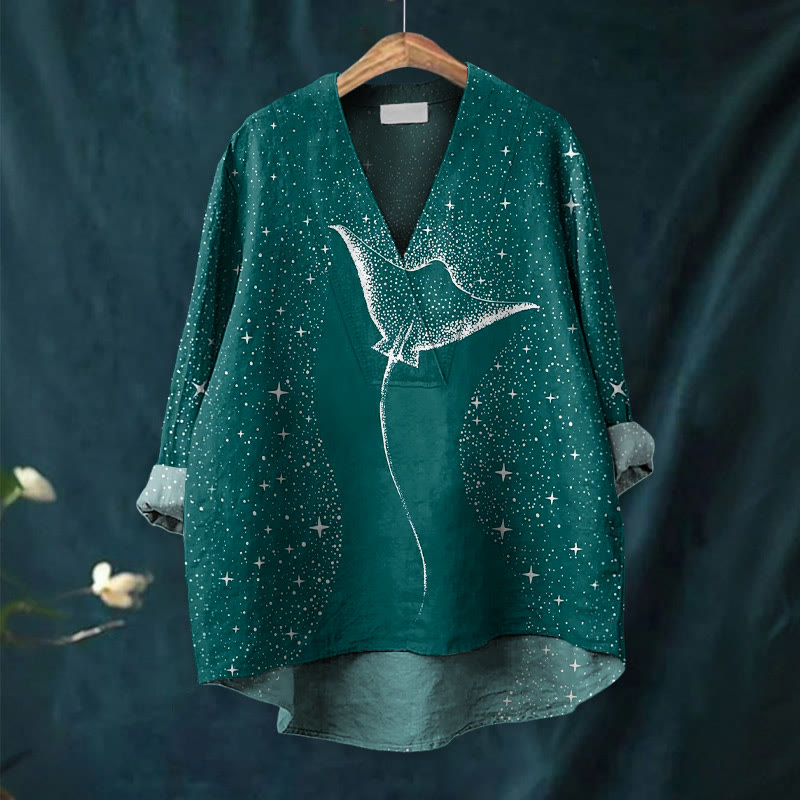 Starry Spotted Eagle Rays Print Casual V-neck Blouse - image 5