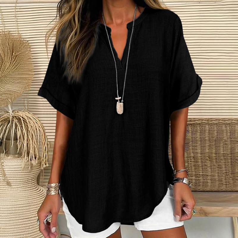 Women's  Solid Color Short Sleeve Casual Blouse - Black - 5XL - image 9