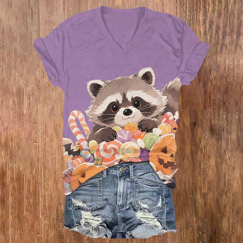 Halloween Raccoon With Colorful Candies Art Print V-neck T-shirt - Purple - US32-34(5XL) - image 6
