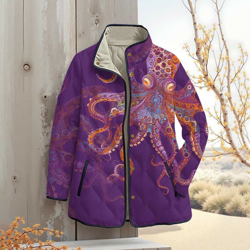Unique Exquisite Octopus Pattern Art Print Outerwear Jackets - Purple - 4XL - image 3