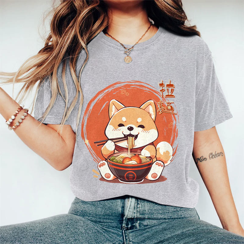 100% Cotton Women's Japanese Cat Eating Ramen Art Print Casual T-shirt - Grey - 2XL - image 4