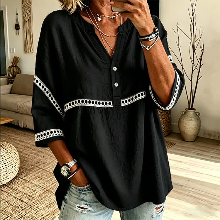 Elegant Solid Openwork Lace Splicing Henley Collar 3/4 Sleeve Blouse - Black - 3XL - image 8