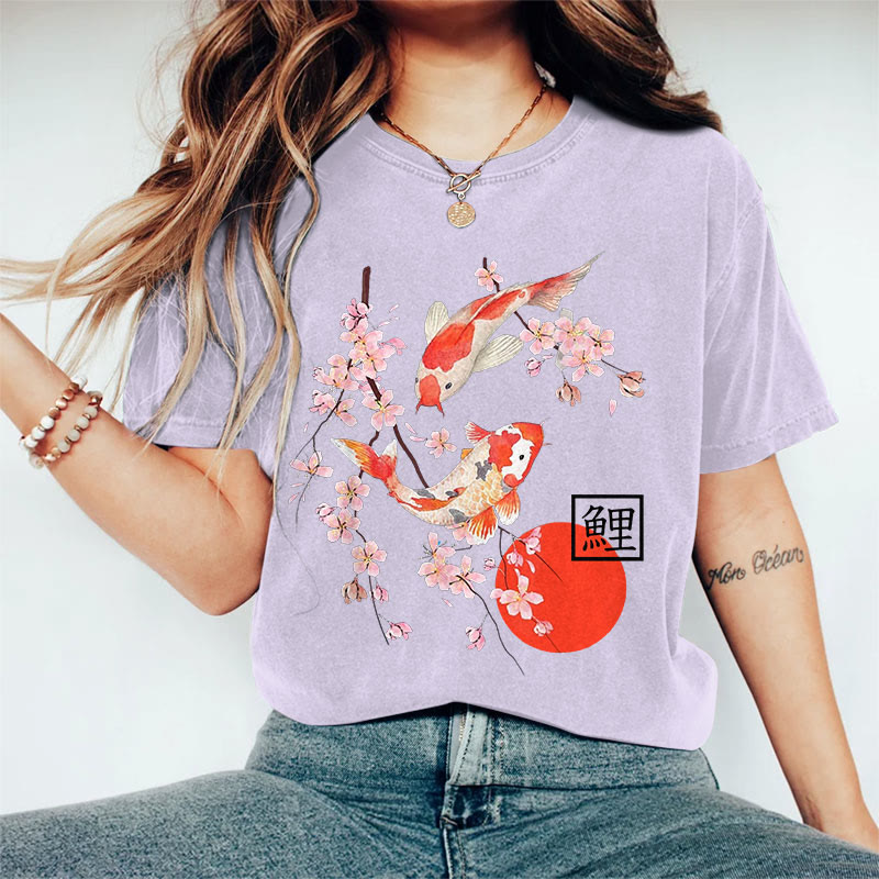 100% Cotton Women's Japanese Sakura Koi Carp Art Print Casual T-shirt - Purple - 2XL - image 9