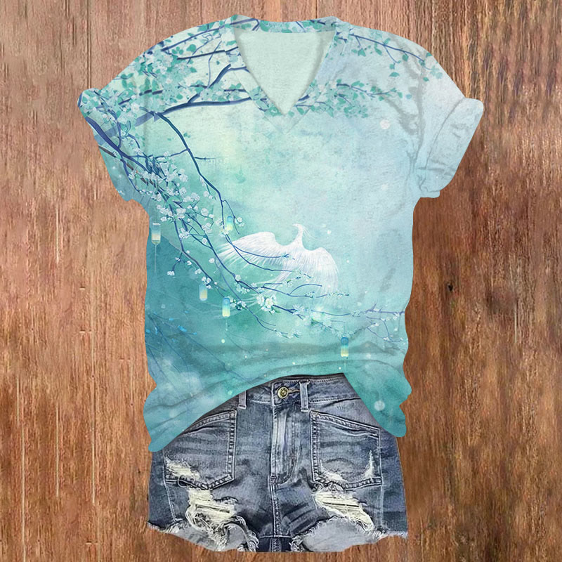 Phoenix & Flower Print v-neck T-Shirt - Lake Blue - US32-34(5XL) - image 2