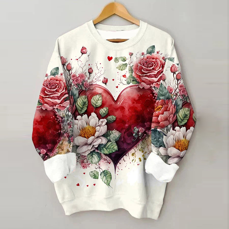 Vintage Valentine's Day Heart Floral Print Crew Neck Sweatshirt - Red - 5XL - image 1