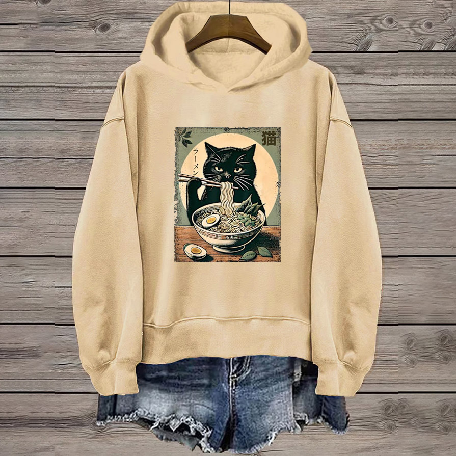 Japanese Simple Ramen Cat Print Long Sleeve Hoodie - Apricot - 8XL - image 1