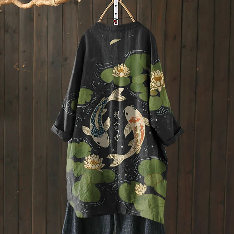  Japanese Koi In The Lotus Pond Pattern Print Cardigan - Black - US 30-32 (6XL) - image 3