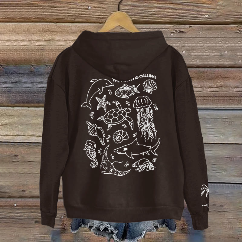 100% Cotton The Ocean Is Calling Print Hoodie - Coffee - 2XL - image 12