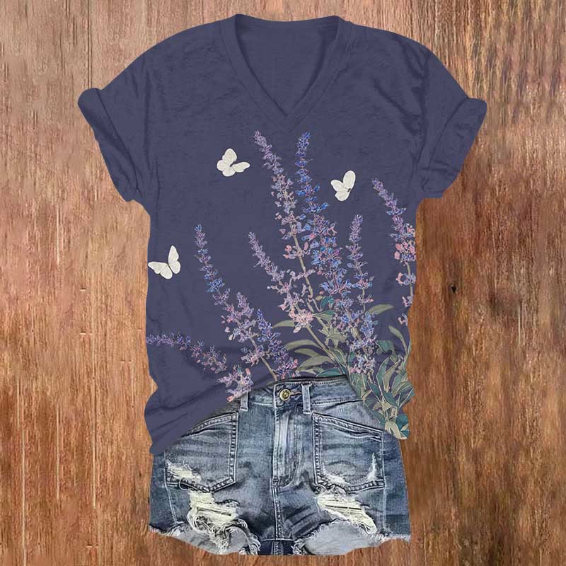 Romantic Lavender & Butterfly Art Print V-neck T-shirt - Blue - US32-34(5XL) - image 4