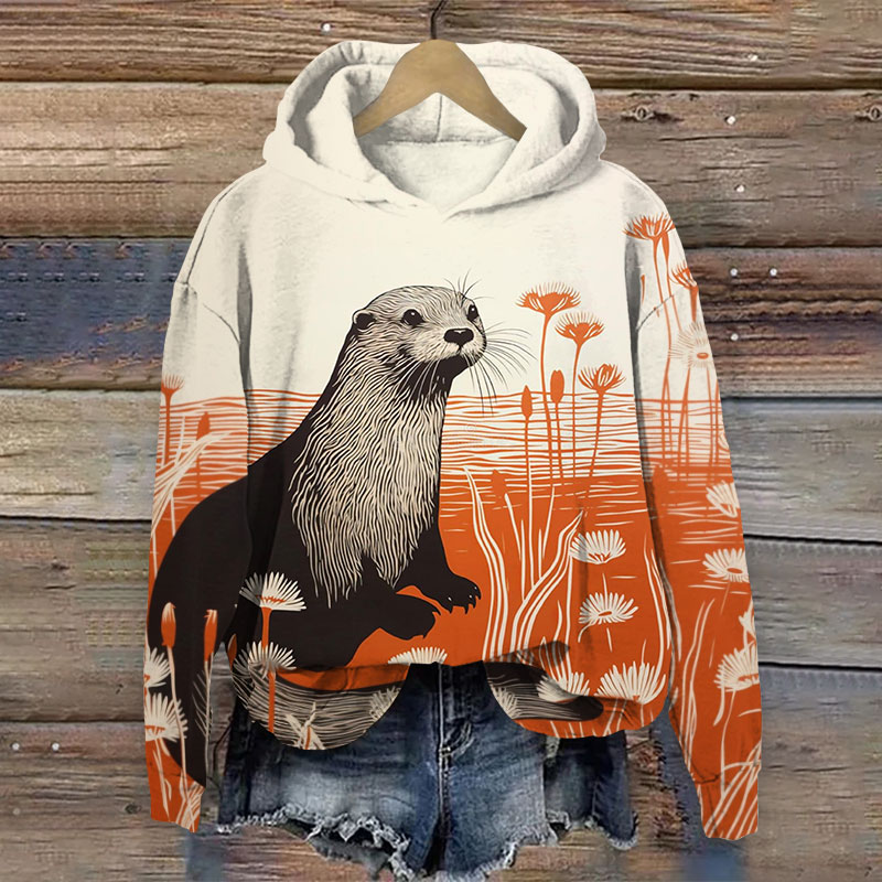 Japanese Style Otter And Flowers Print Long Sleeve Hoodie - Orange - 8XL - image 1