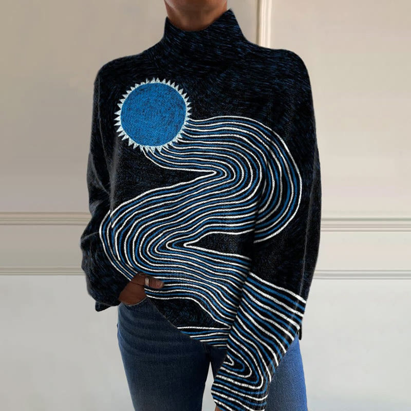 Retro Sun Stripes Art Print Knit Turtleneck Pullover Sweater - image 2