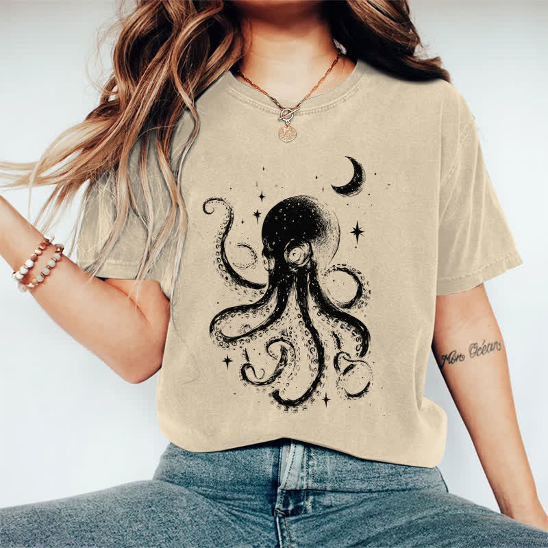 100% Cotton Japanese Watercolor Star & Moon Octopus Art T-shirt - Apricot - 2XL - image 9