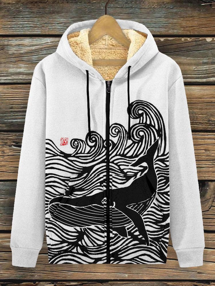 Whale & Waves Ancient Japanese Art Print Fleece Jacket