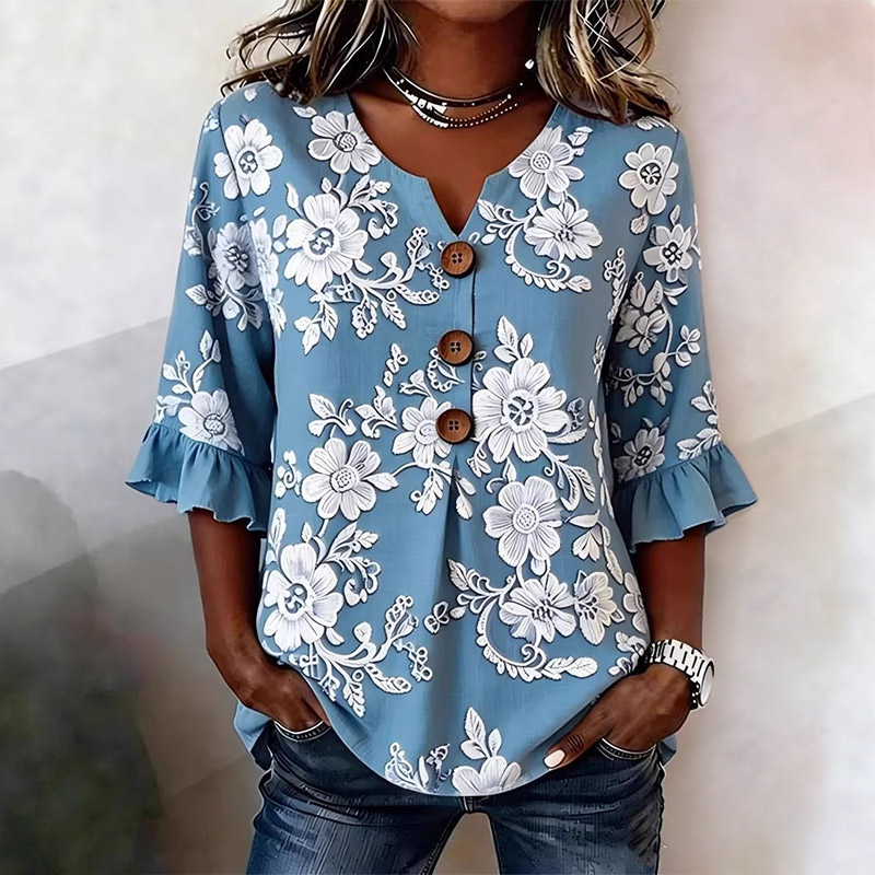 Women's Floral Print Button V-neck Blouse With Ruffle Sleeves - Blue - 3XL - image 1