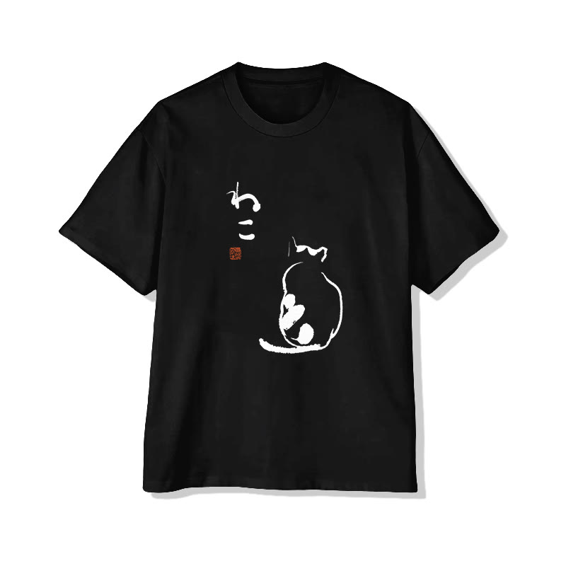 Unisex Japanese Art Cat Short Sleeve Crew Neck T-shirt - Black - 2XL - image 4