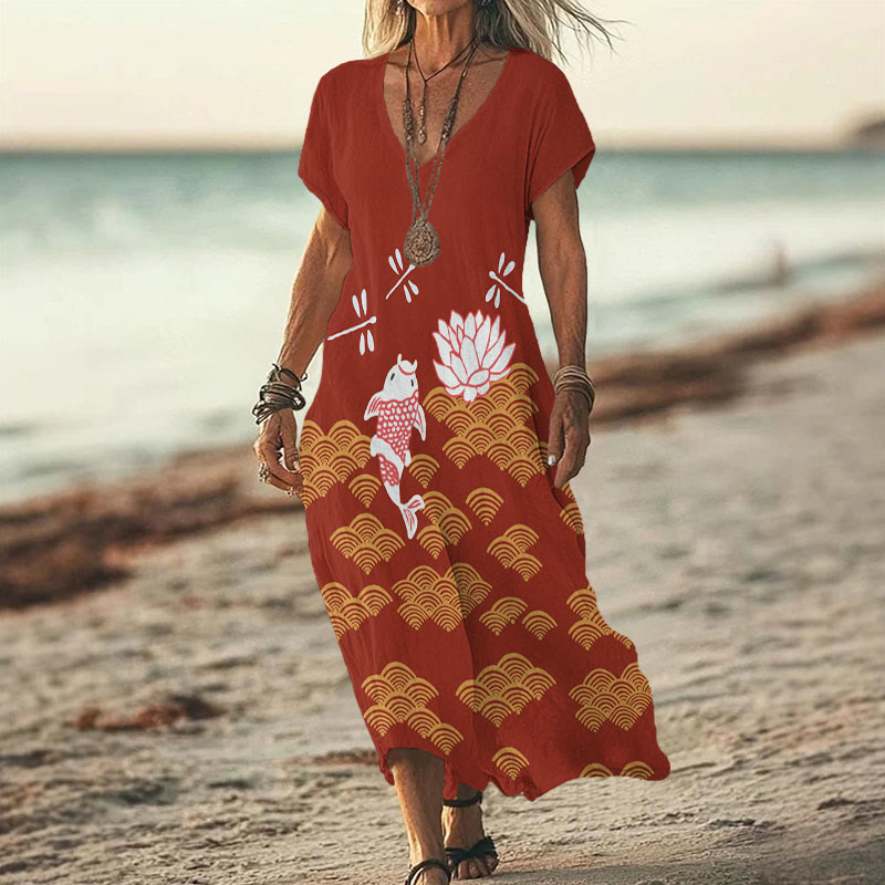 Japanese Style Koi Fish Dragonfly Wave Art Print V-neck Dress - Red - 6XL - image 2