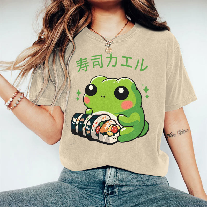 100% Cotton Women's Japanese Frog Eating Sushi Art Print Casual T-shirt - Khaki - 2XL - image 5