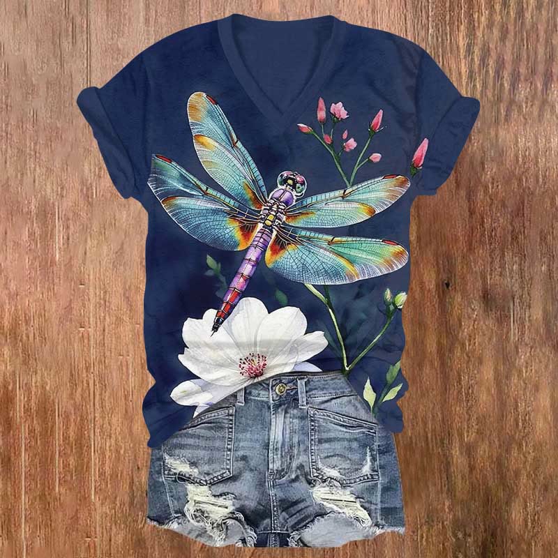 Colorful Dragonfly & Blossom Art Print V-neck T-shirt - Royal Blue - US32-34(5XL) - image 4