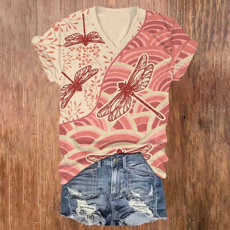 Japanese Vintage Contrast Dragonfly Art Print V-neck T-shirt - Pink - US32-34(5XL) - image 2