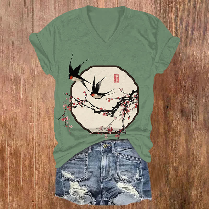 Japanese Vintage Sakura & Swallow Art Print V-neck T-shirt - Green - US32-34(5XL) - image 2