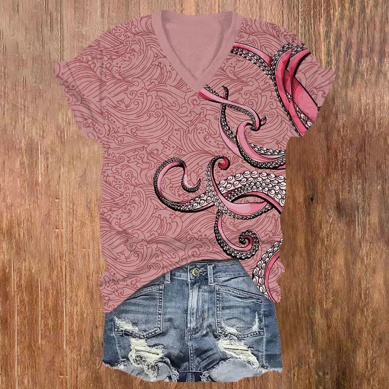 Japanese Ocean Wave Octopus Tentacles Pattern Print V-neck T-shirt - Pink - US32-34(5XL) - image 2