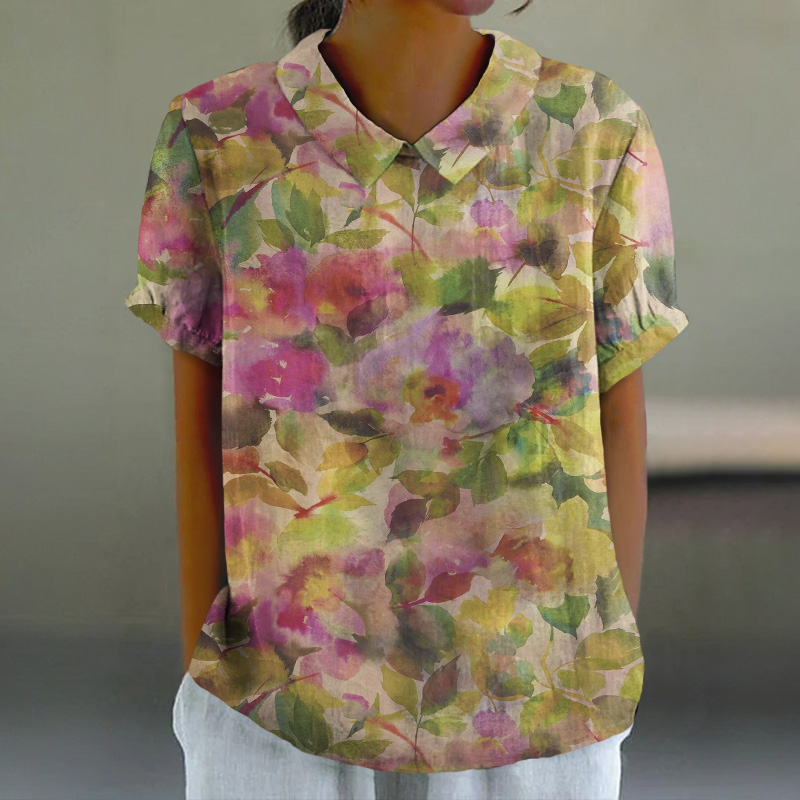 Oil Painting Colored Leaves Print Casual Lapel Loose Blouse - Green - 6XL - image 1