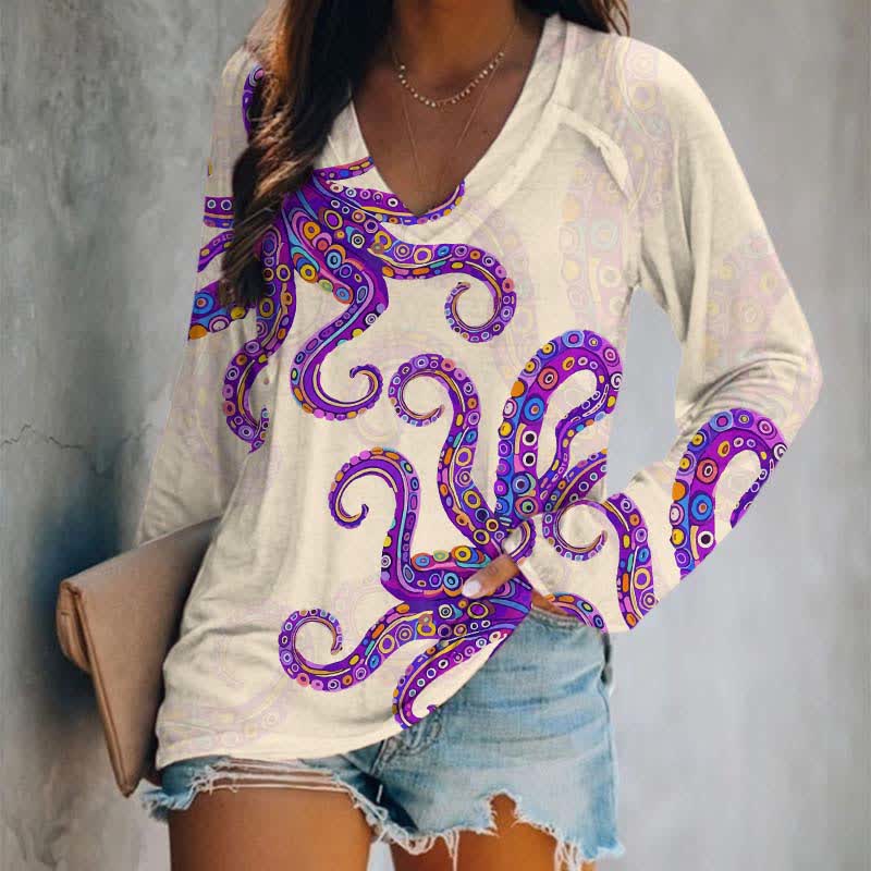 Vintage Funny Geometric Pattern Octopus Print Long Sleeve T-shirt - Beige - 5XL - image 4