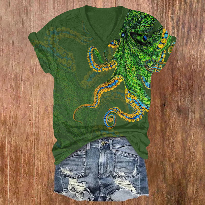 Ocean Octopus Pattern Print Short Sleeved V-neck T-shirt - Green - US32-34(5XL) - image 4