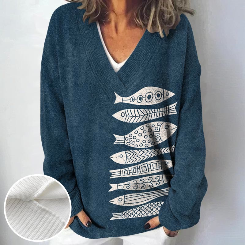Fish Japanese Lino Art print causal V-neck Pullover Sweater - image 4