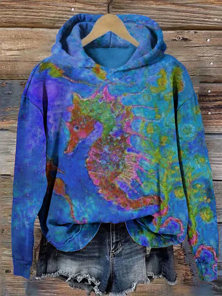 Contrast Color Seahorse Oil Painting Print Hoodie - Blue - 8XL - image 4