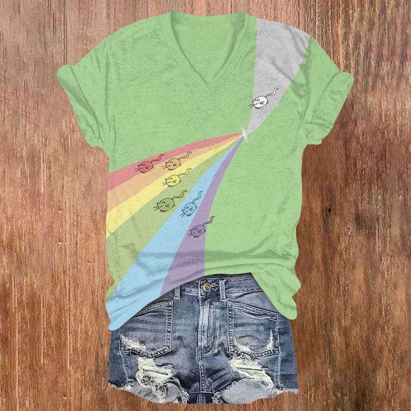 Creative Rainbow Cats Art Print Casual T-shirt - Green - US32-34(5XL) - image 3