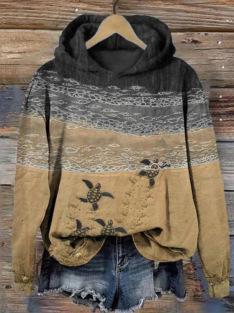 Baby Sea Turtles Beach Fiber Art Print Hoodie