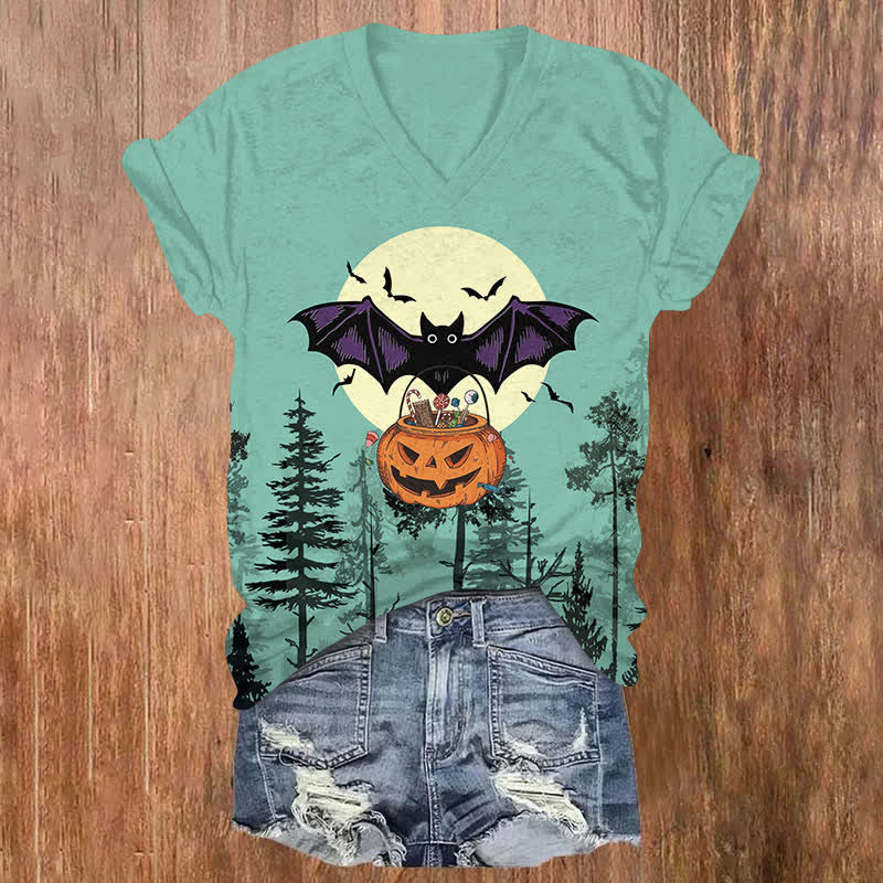  Halloween Bat Holding A Pumpkin Basket In Forest Print V-neck T-shirt - Blue - US32-34(5XL) - image 3