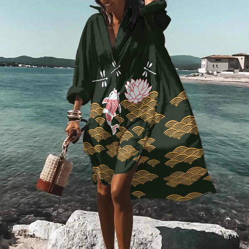 Japanese Style Koi Fish Dragonfly Wave Art Print Dress - Dark Green - 5XL - image 6