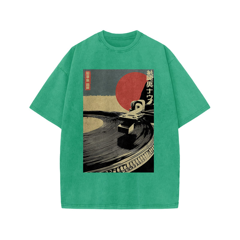 Japanese Vintage Turntable Art Print Acid Washed T-shirt - Green - US20-22(3XL) - image 6
