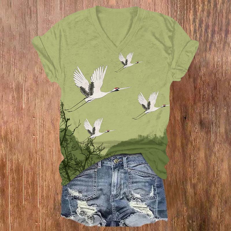 Japanese Spring Flying White Crane Print V-neck T-shirt - Green - US32-34(5XL) - image 3