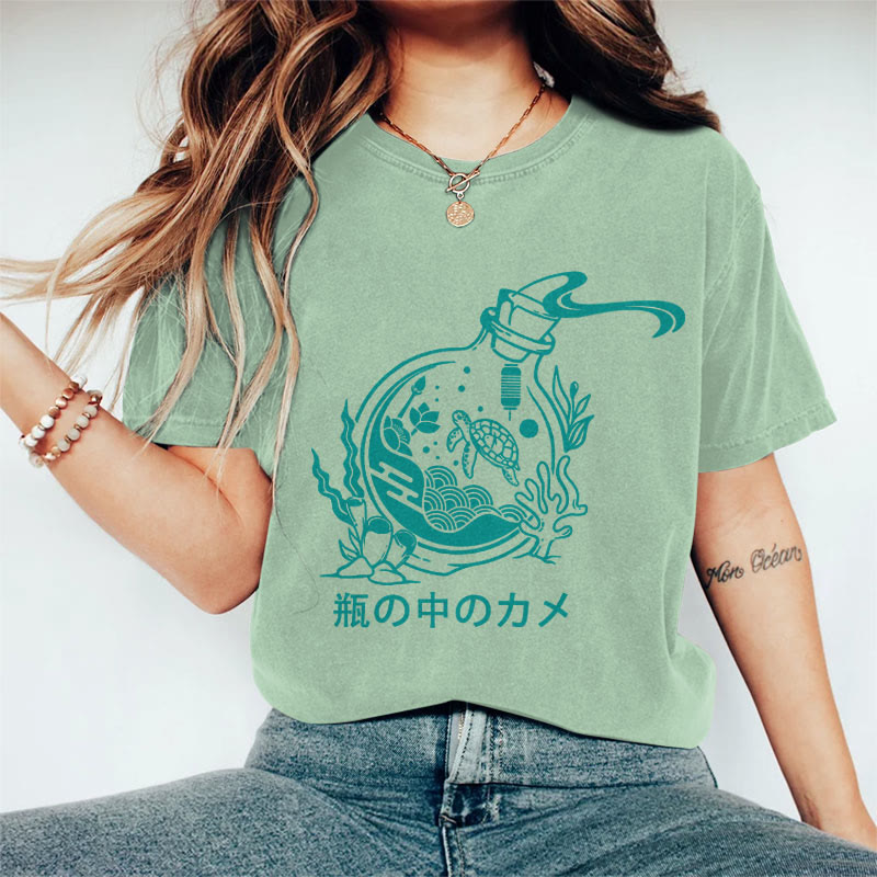 100% Cotton Women's Japanese Creative Turtle In Drift Bottle Art Print Casual T-shirt - Green - 2XL - image 2