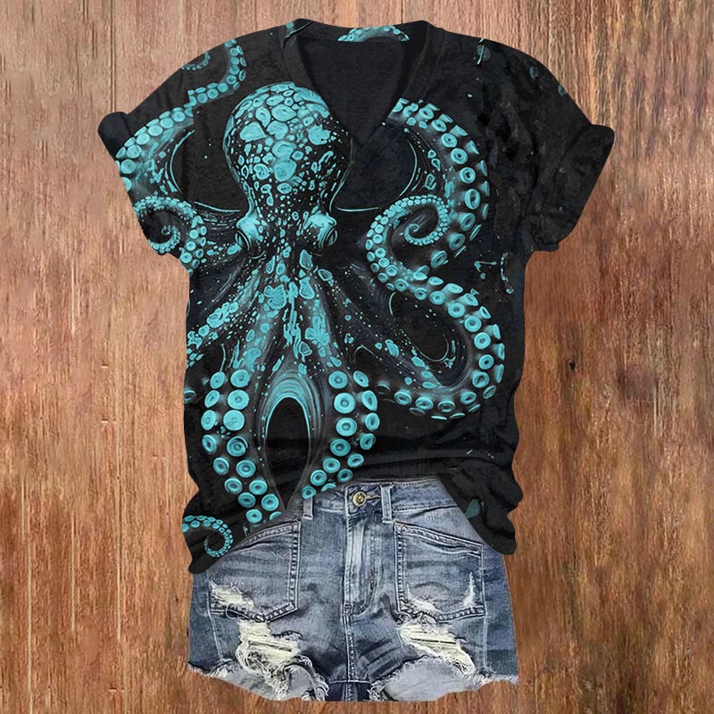 Vintage Octopus Art Print V-neck T-shirt - Light Blue - 5XL - image 3