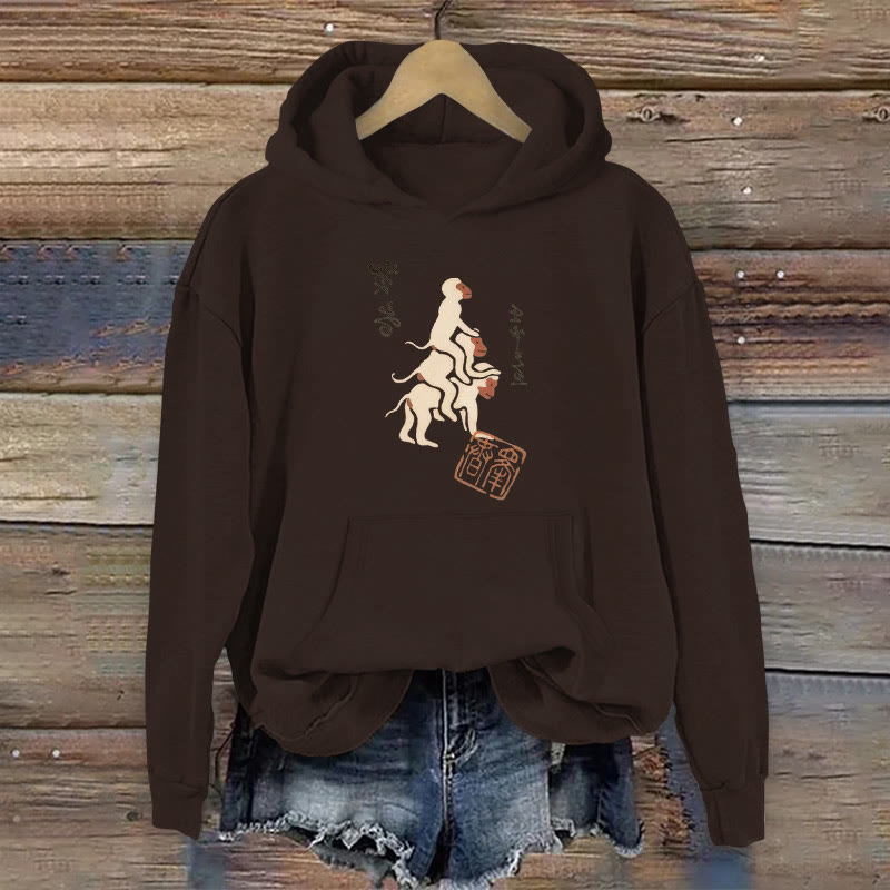 100% Cotton Japanese Art Vintage Monkey Print Women's Hoodie - Coffee - 2XL - image 4