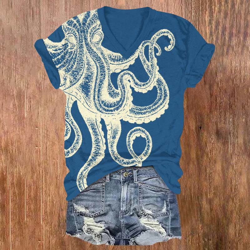 Mystical Watercolor Octopus Art Print V-neck T-shirt - Blue - US32-34(5XL) - image 3
