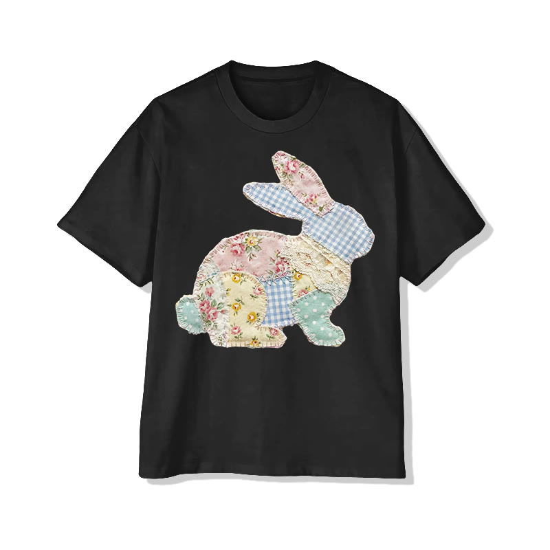 Trendy Pastoral Floral Bunny Patchwork Printed Cotton T-shirt - Black - 2XL - image 3