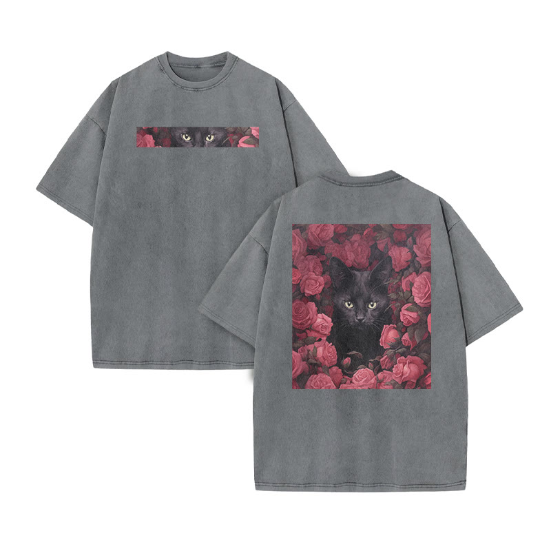 A Black Cat Hidden Among Clusters Of Magenta Roses Print Acid Washed T-shirt - Grey - US20-22(3XL) - image 3