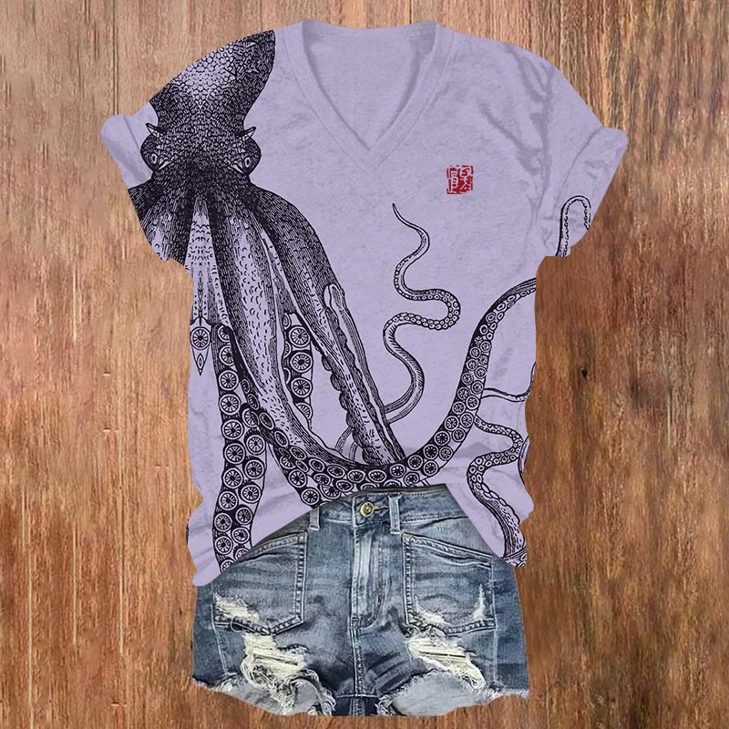 Japanese Art Octopus Art Print T-shirt - Purple - US32-34(5XL) - image 5