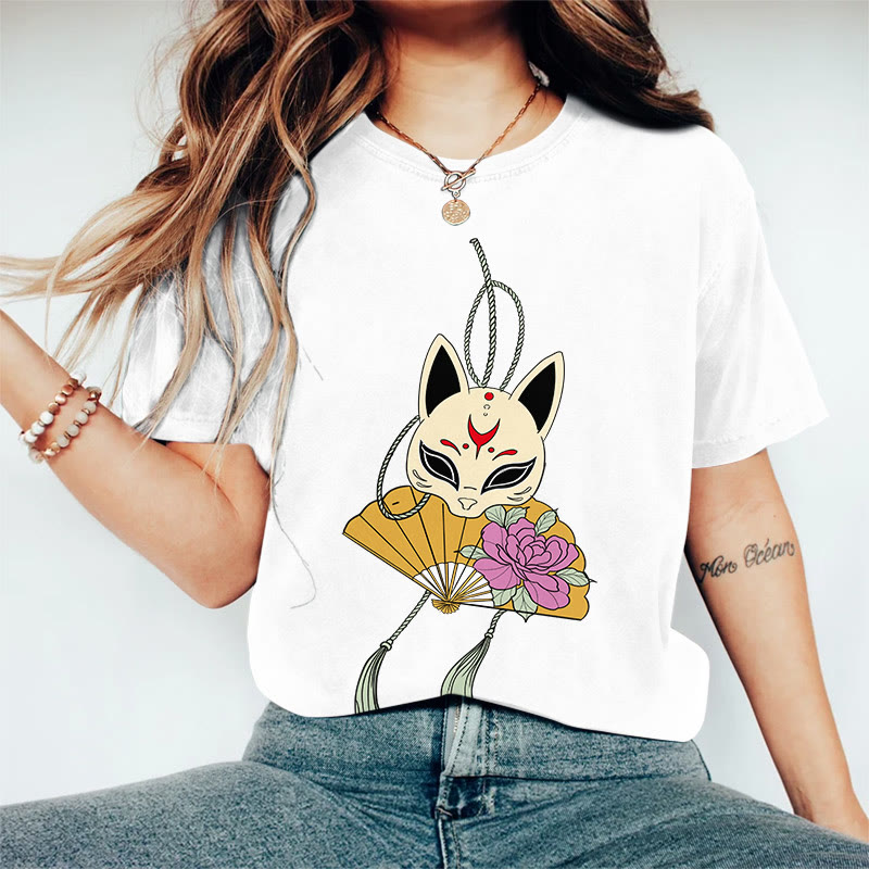 100% Cotton Women's Japanese Style Fox Mask Flower Fan Art Print Casual T-shirt - White - 2XL - image 6