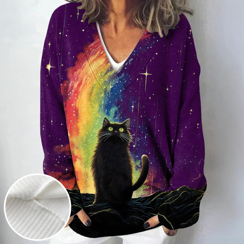 Women's Black Cat Under Rainbow And Stars Print Causal V-neck Pullover Sweater - Purple - 4XL - image 3