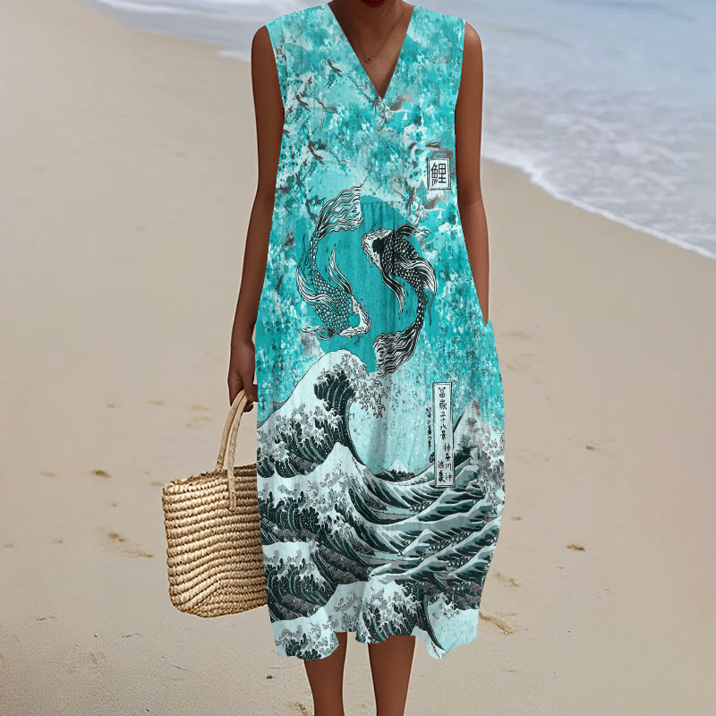 Japanese Koi Wave Art Print V-neck Sleeveless Dress - Green - 5XL - image 4
