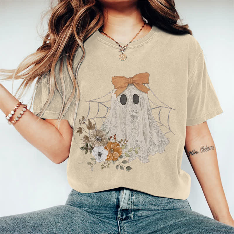 100% Cotton Halloween Funny Floral Bow Ghost Art Print T-shirt - Apricot - 2XL - image 3