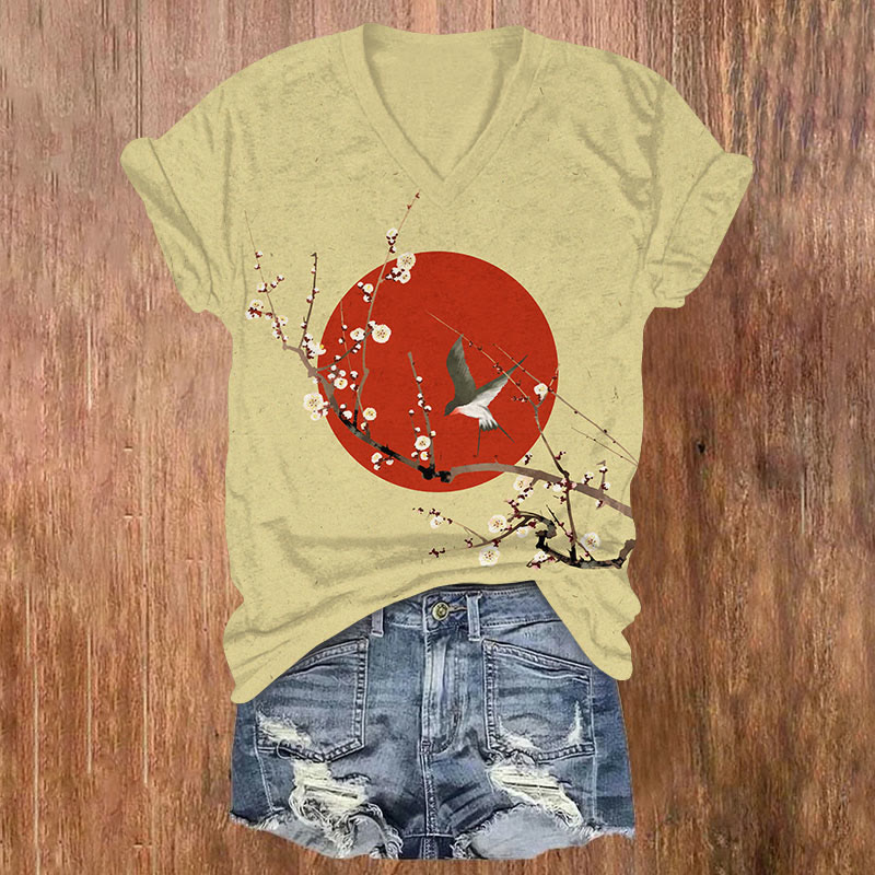  Japanese White Plum Blossoms And Sun Swallowtailprint V-neck T-shirt - Yellow - US32-34(5XL) - image 5